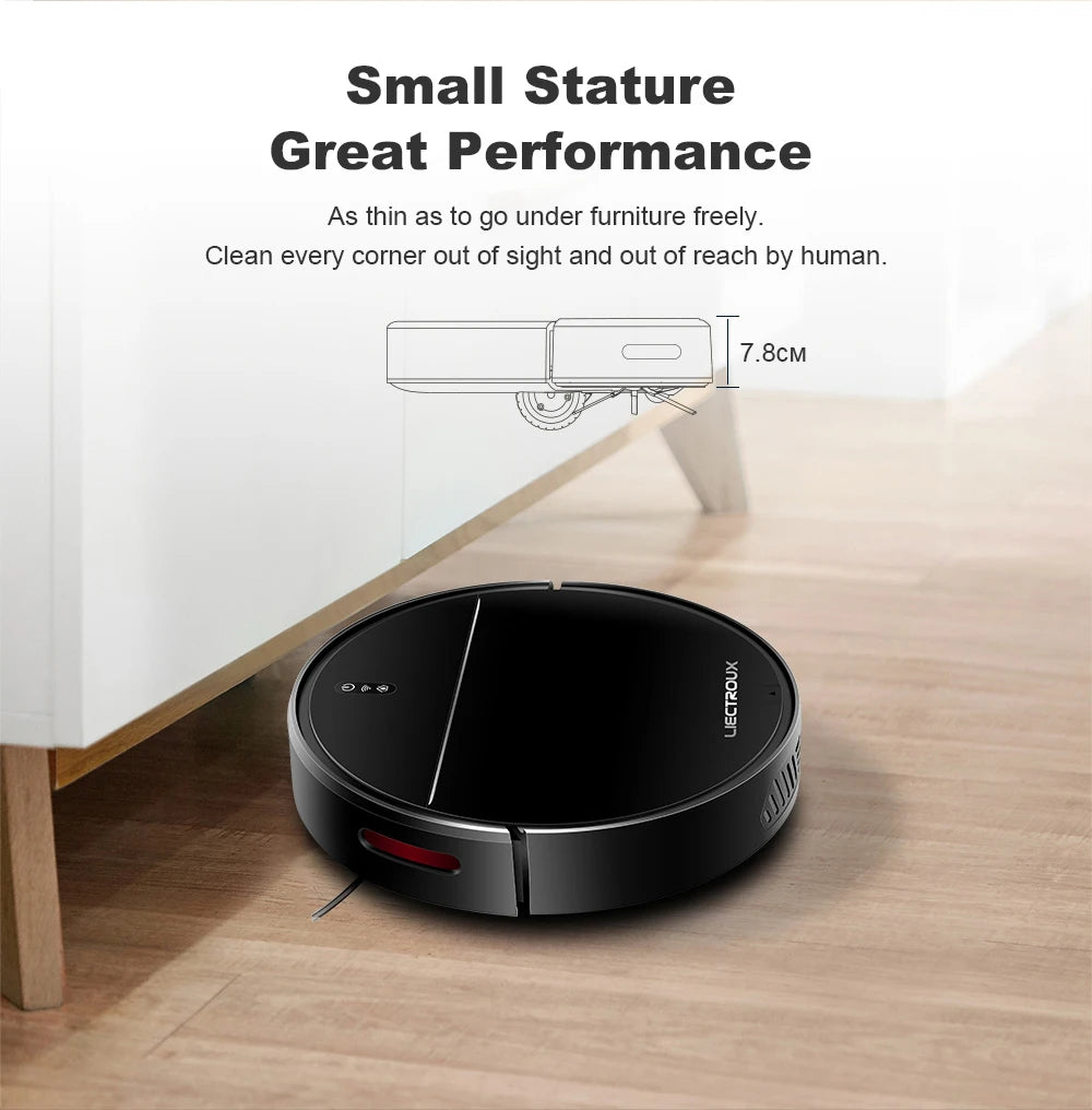 Zwarte, ronde robotstofzuiger van het merk LIECTROUX met zichtbare Wi-Fi- en powerknoppen, bijgeleverd met afstandsbediening en smartphone-app voor sl