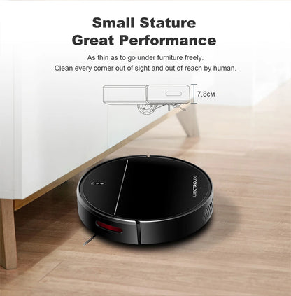 Zwarte, ronde robotstofzuiger van het merk LIECTROUX met zichtbare Wi-Fi- en powerknoppen, bijgeleverd met afstandsbediening en smartphone-app voor sl