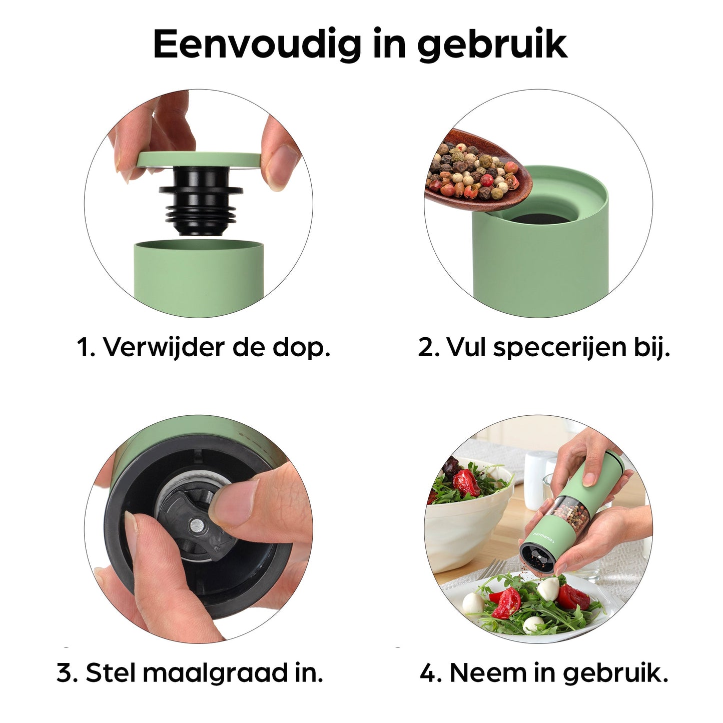 Groene hermanos elektrische pepermolen en zoutmolen met transparante cilinders, gevuld met gemengde peperkorrels en roze zoutkristallen, geschikt voor moderne keukens en gourmet kookplekken.