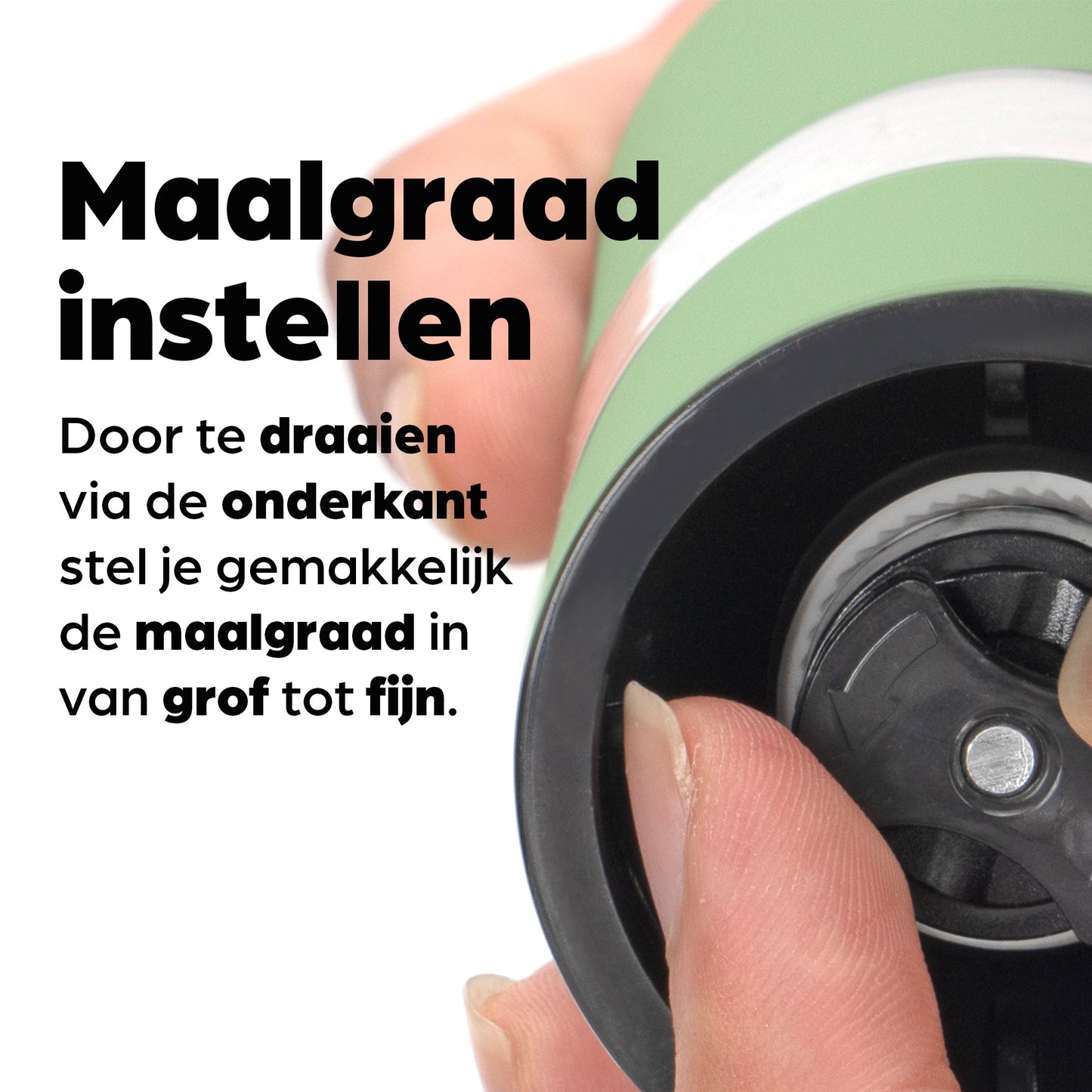 Groene hermanos elektrische pepermolen en zoutmolen met transparante cilinders, gevuld met kleurrijke peperkorrels en roze zoutkristallen, speciaal ontworpen voor moderne keukens en gourmet kookplekken.