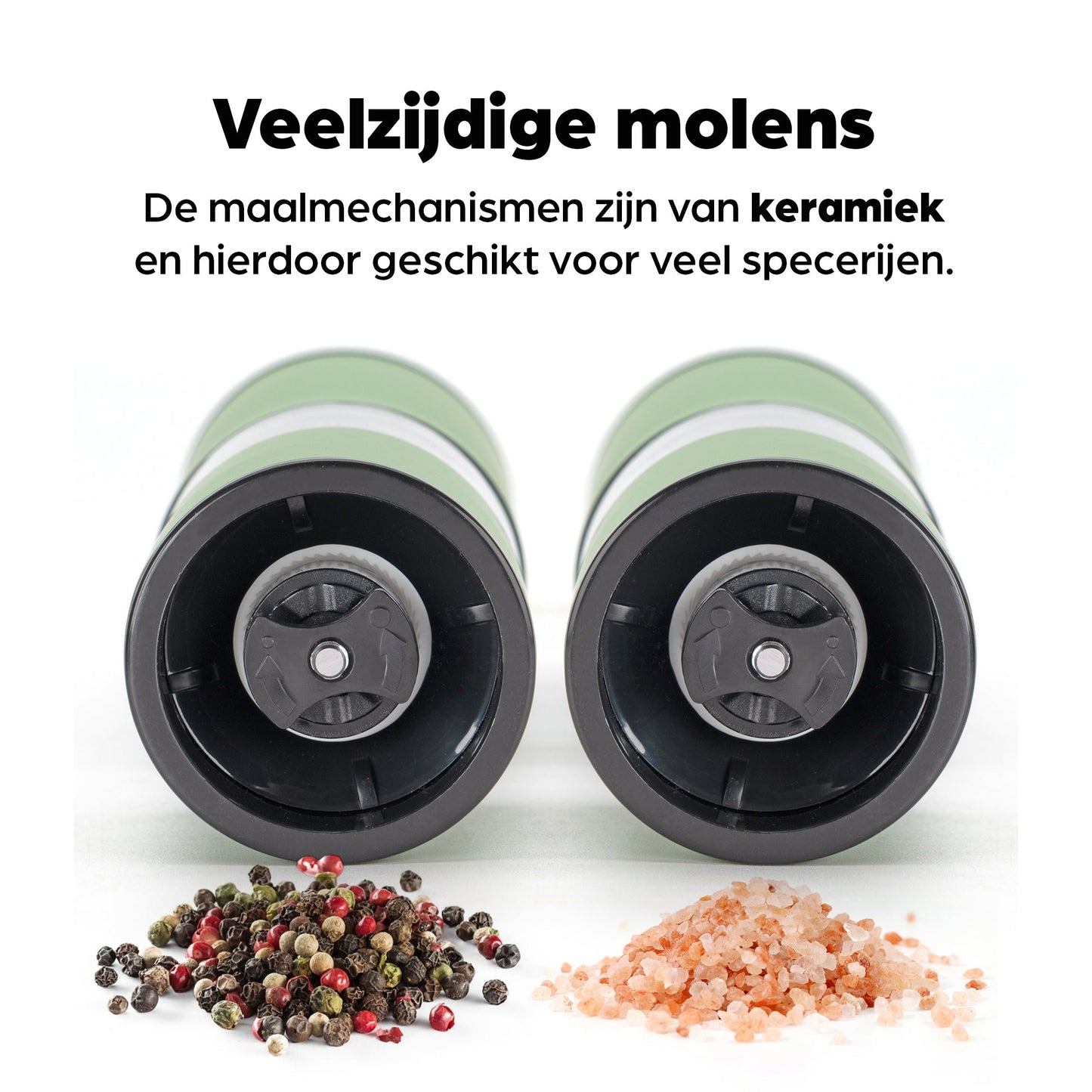 Groene hermanos pepermolen en zoutmolen met transparante cilinders, gevuld met gemengde peper en roze zout, geschikt voor moderne keukens en gourmet kookplekken.