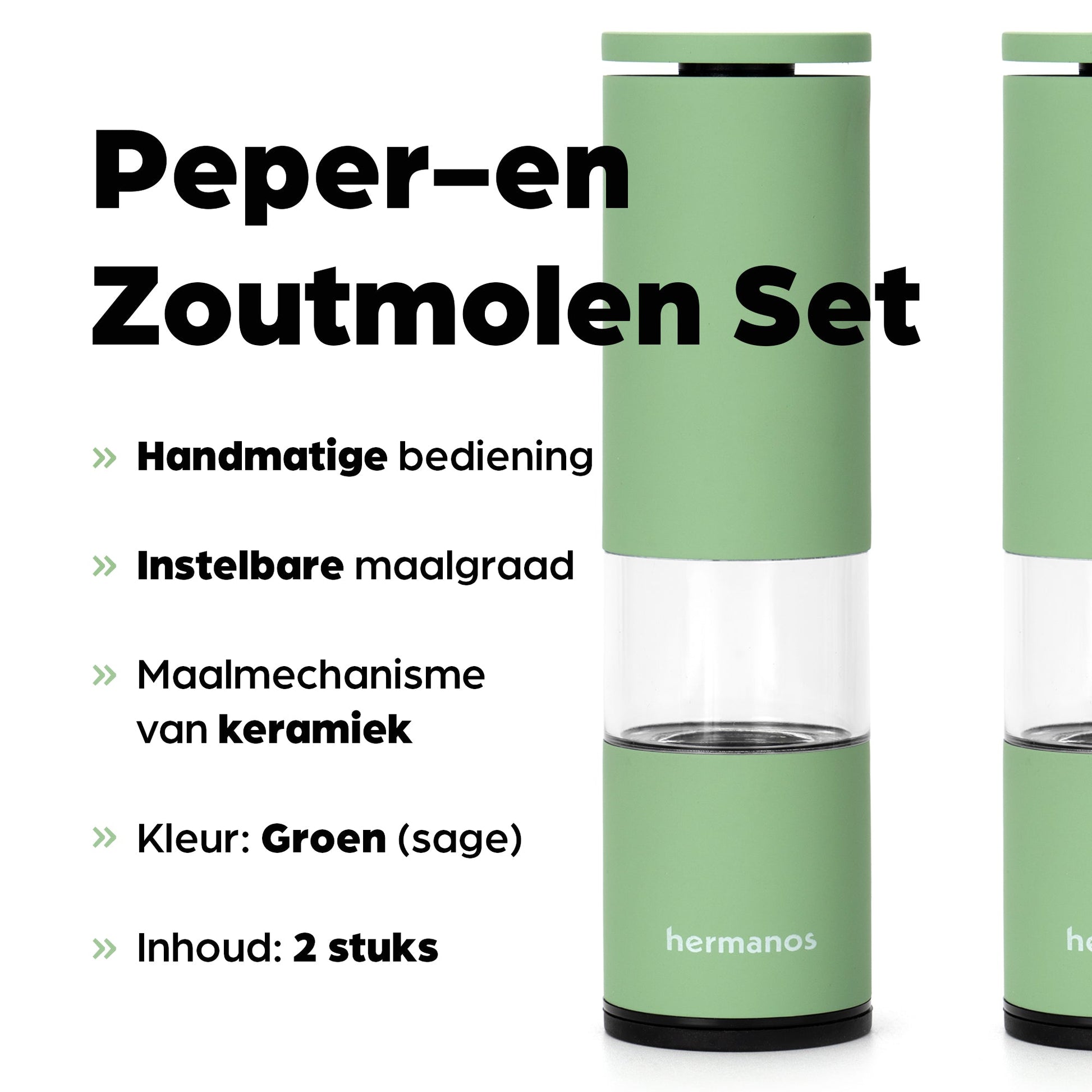 Groene hermanos elektrische pepermolen en zoutmolen met transparante cilinders, gevuld met gemengde peperkorrels en roze zoutkristallen, geschikt voor moderne keukens en gourmet kooktoepassingen.