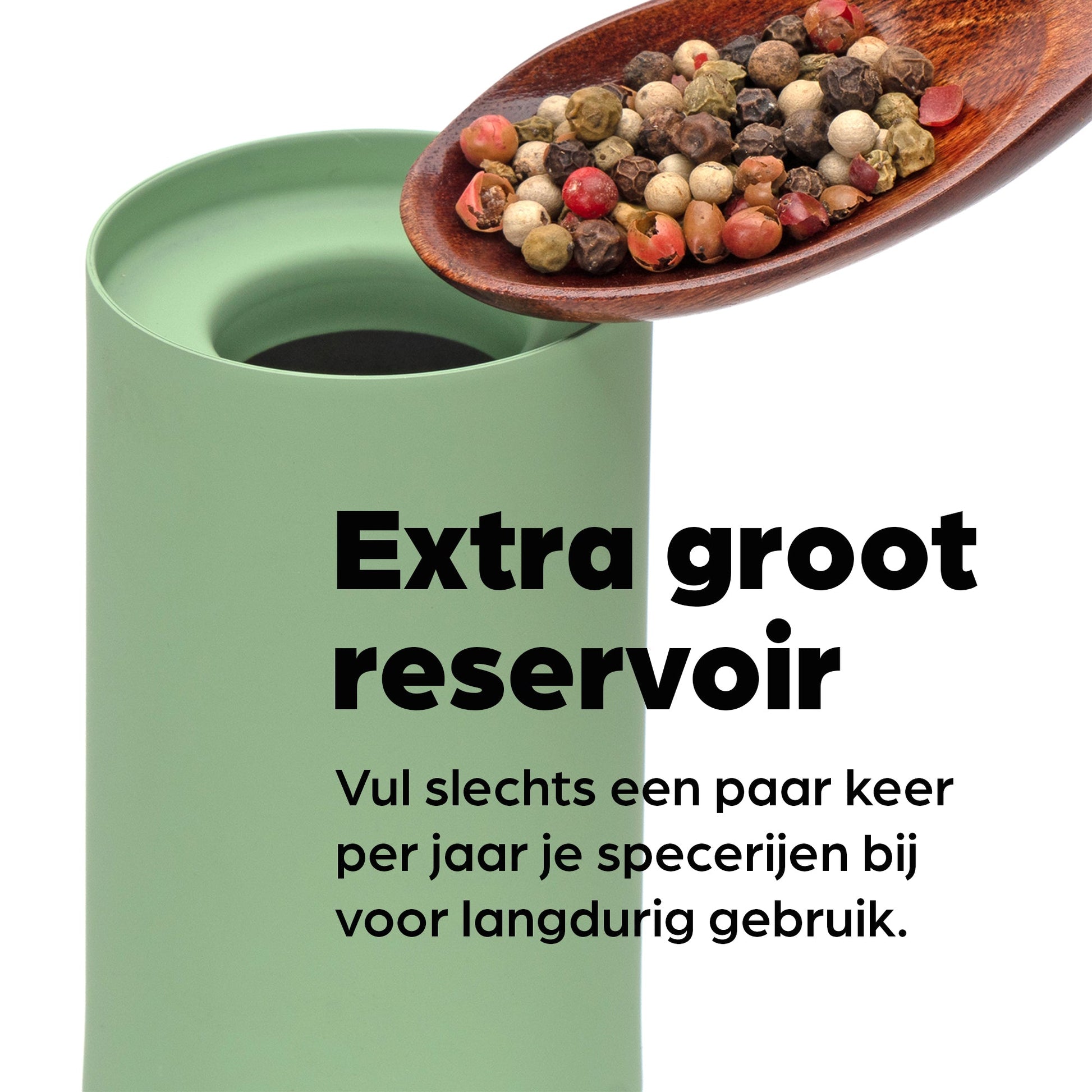 Groene hermanos pepermolen en zoutmolen met transparante cilinders, gevuld met kleurrijke peperkorrels en roze zoutkristallen, ideaal voor moderne keukens en gourmet kookplekken.