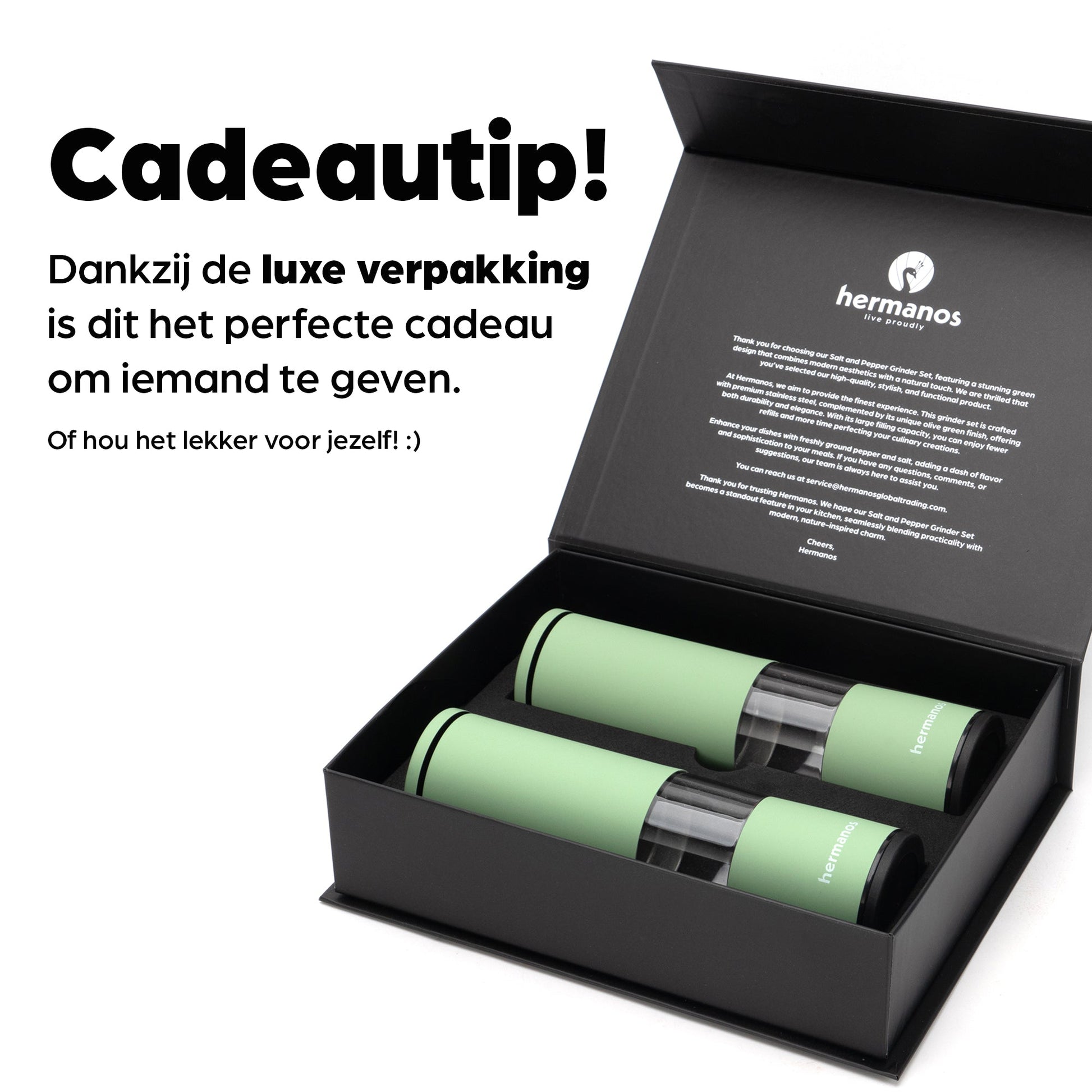Groene hermanos pepermolen en zoutmolen met transparante cilinders, gevuld met kleurrijke peperkorrels en roze zoutkristallen, geschikt voor moderne keukens en gourmet kookplekken.