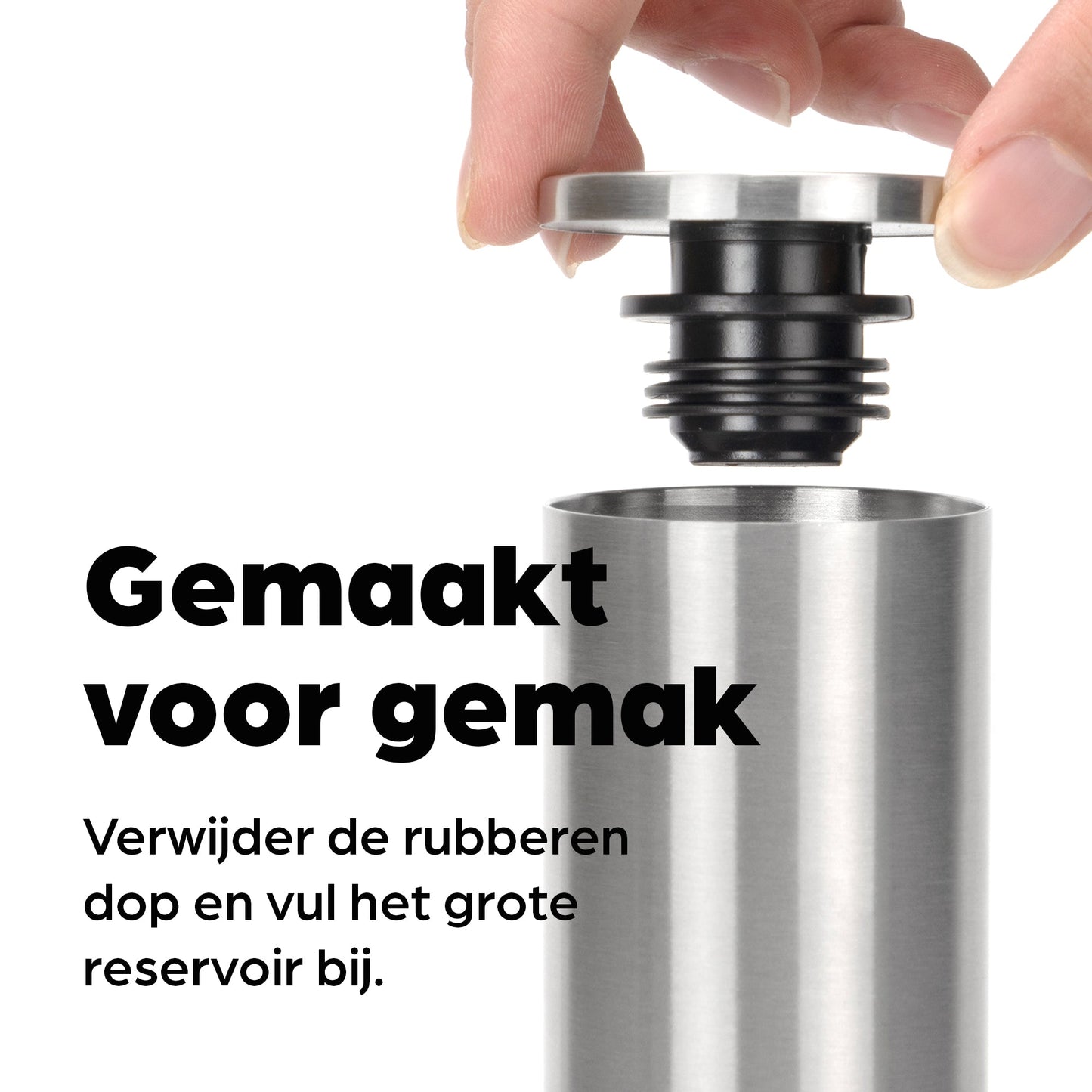 Zilverkleurige Hermanos elektrische pepermolen en zoutmolen met transparante cilinders, gevuld met kleurrijke peperkorrels en roze zout. Ideaal voor moderne keukens en gourmet kookplekken.