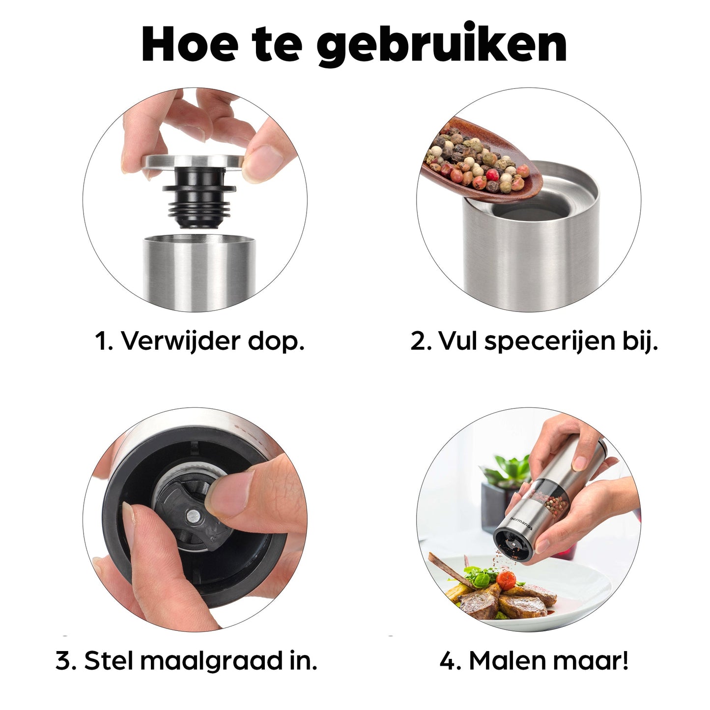 Zilverkleurige Hermanos elektrische pepermolen en zoutmolen met transparante cilinders, gevuld met gemengde peperkorrels en roze zout. Ideaal voor moderne keukens en gourmet kookplekken.