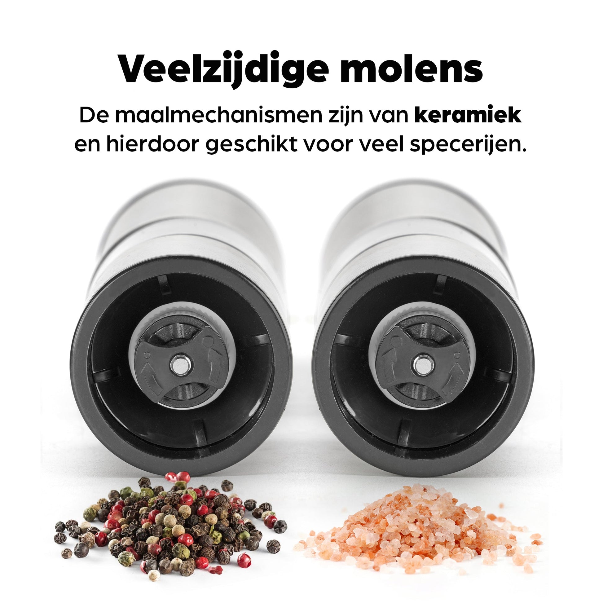 Zilverkleurige Hermanos elektrische pepermolen en zoutmolen met transparante cilinders, gevuld met kleurrijke peperkorrels en roze zout. Ideaal voor moderne keukens en gourmet kookplekken.