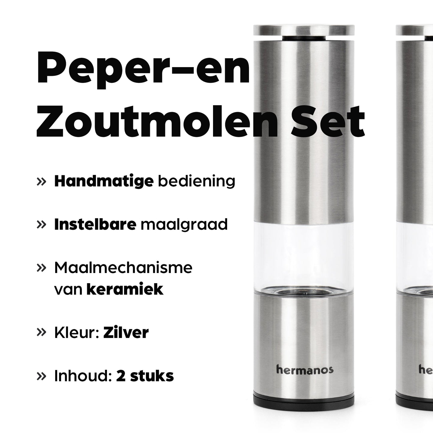 Zilverkleurige Hermanos elektrische pepermolen en zoutmolen met transparante cilinders, gevuld met gemengde peper en roze zout. Ideaal voor moderne keukens en gourmet kookplekken.