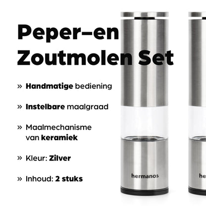 Zilverkleurige Hermanos elektrische pepermolen en zoutmolen met transparante cilinders, gevuld met gemengde peper en roze zout. Ideaal voor moderne keukens en gourmet kookplekken.