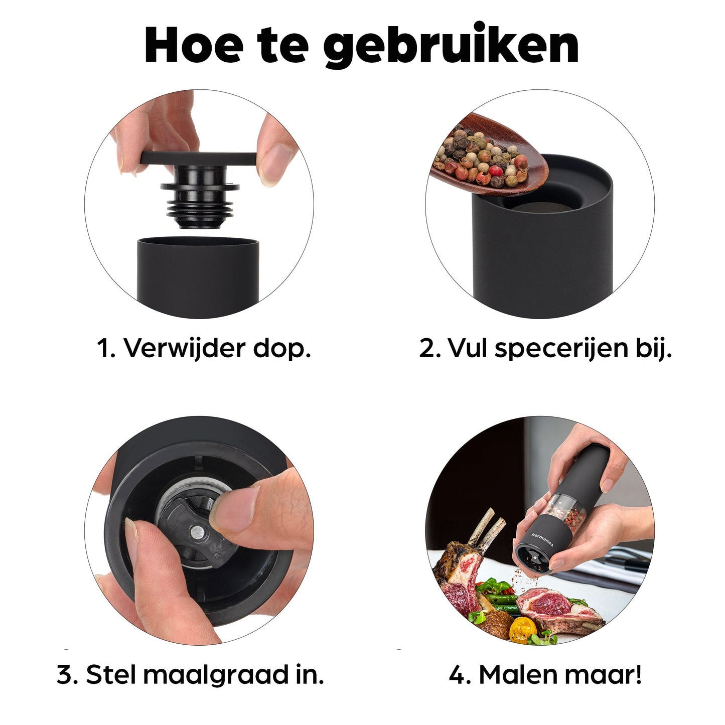 Zwart, moderne pepermolen en zoutmolen van Hermanos, gevuld met kleurrijke peperkorrels en roze zoutkristallen, ideaal voor keukengereedschap en gourmet kookplezier.