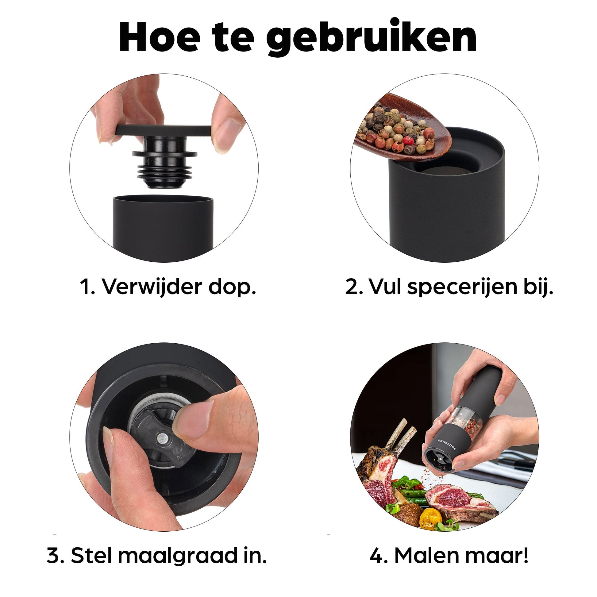 Zwart, moderne pepermolen en zoutmolen van Hermanos, gevuld met kleurrijke peperkorrels en roze zoutkristallen, ideaal voor keukengereedschap en gourmet kookplezier.