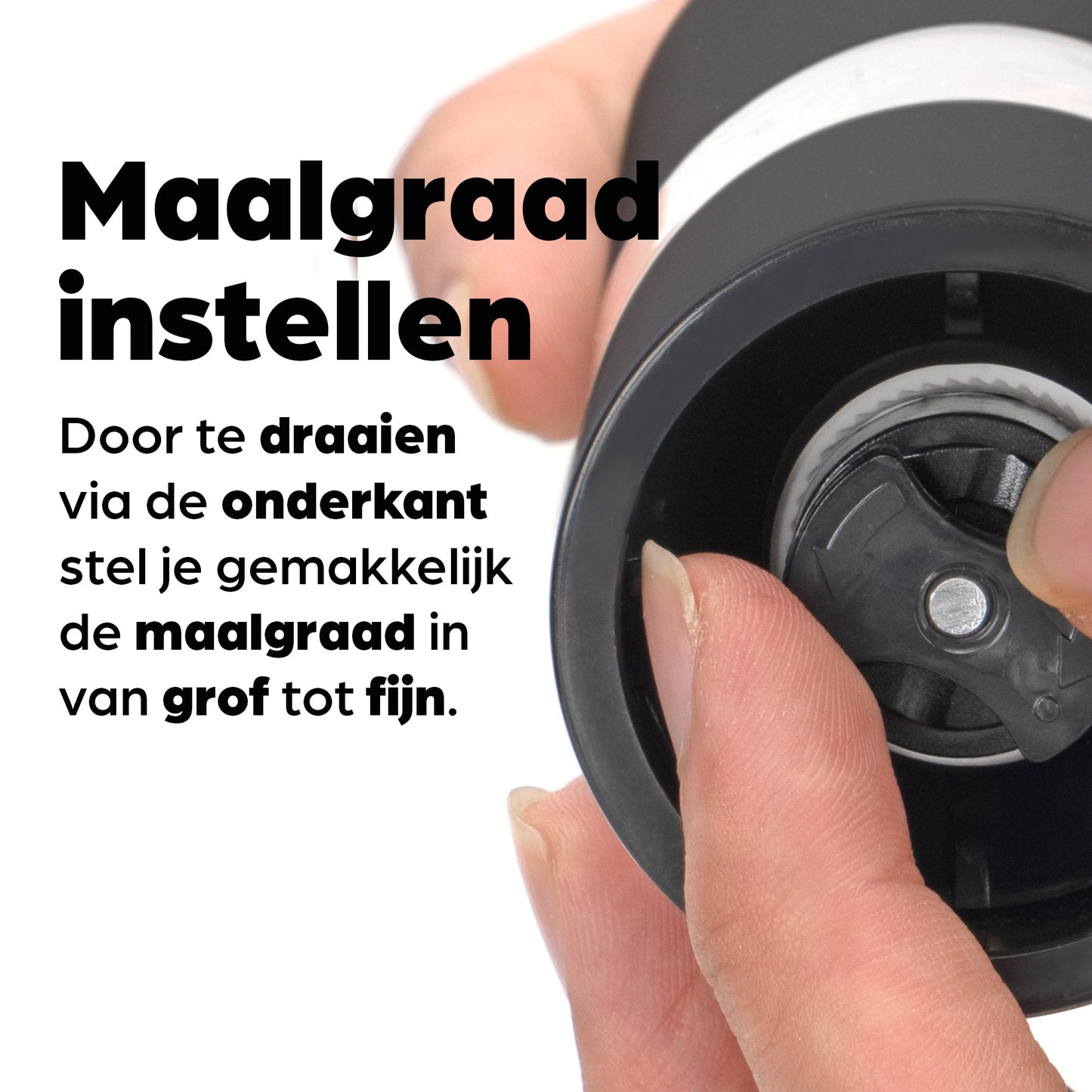 Zwart, moderne pepermolen en zoutmolen van Hermanos, gevuld met kleurrijke peperkorrels en roze zoutkristallen, ideaal voor keukengebruik en gourmet kookplezier.
