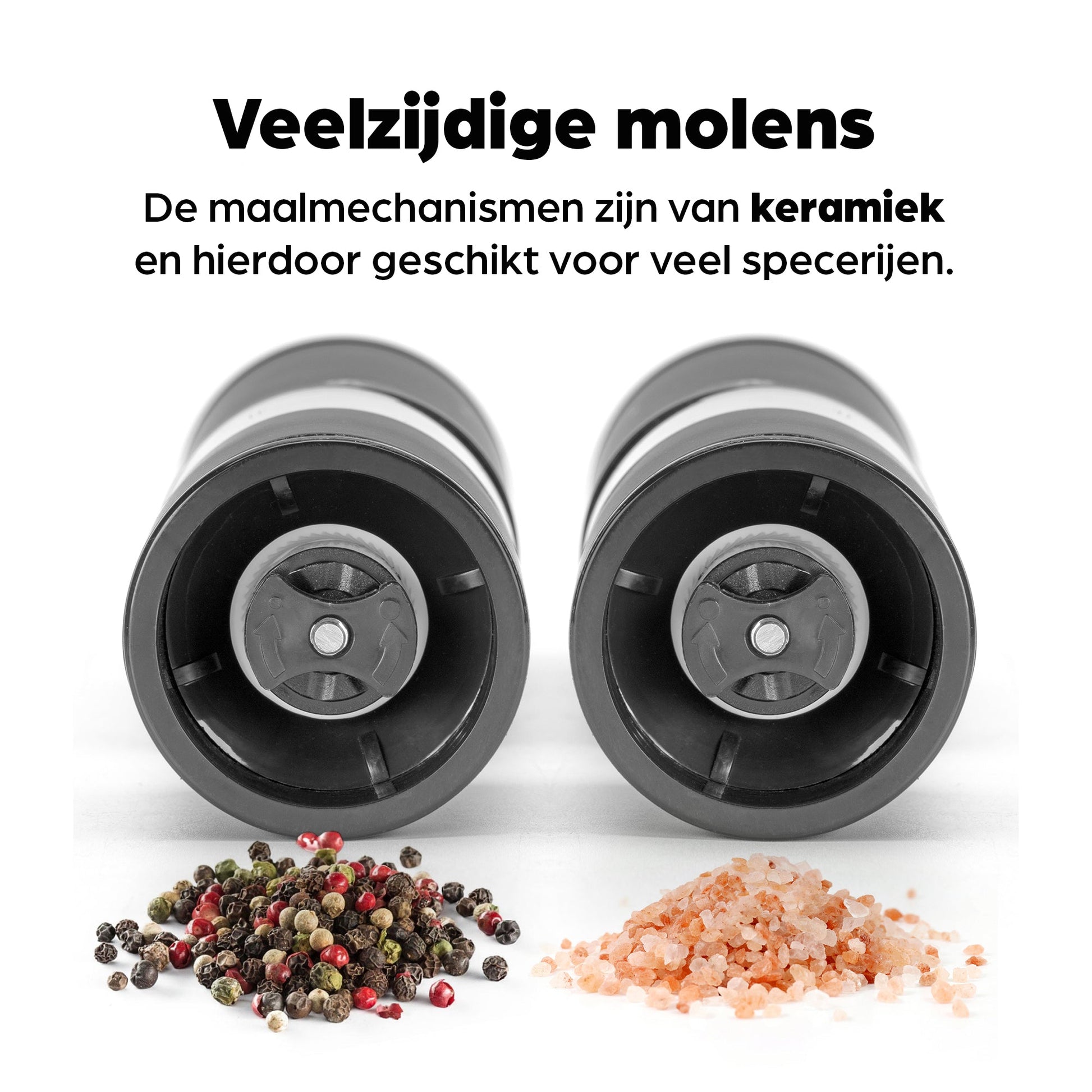 Zwart, cilindrisch pepermolen en zoutmolen van Hermanos, met transparante delen die kleurrijke peperkorrels en roze zoutblokjes tonen, speciaal ontworpen voor keukengereedschap en culinaire toepassing.