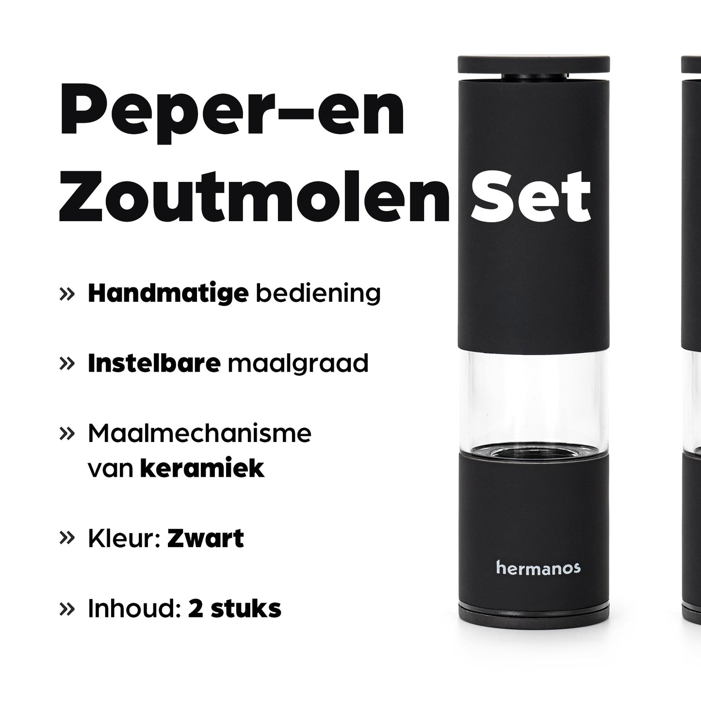 Zwart, moderne pepermolen en zoutmolen van Hermanos, gevuld met kleurrijke peperkorrels en roze zoutkristallen, ideaal voor keukengereedschap en gourmet kookplezier.