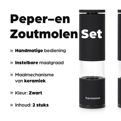 Zwart, moderne pepermolen en zoutmolen van Hermanos, gevuld met kleurrijke peperkorrels en roze zoutkristallen, ideaal voor keukengereedschap en gourmet kookplezier.