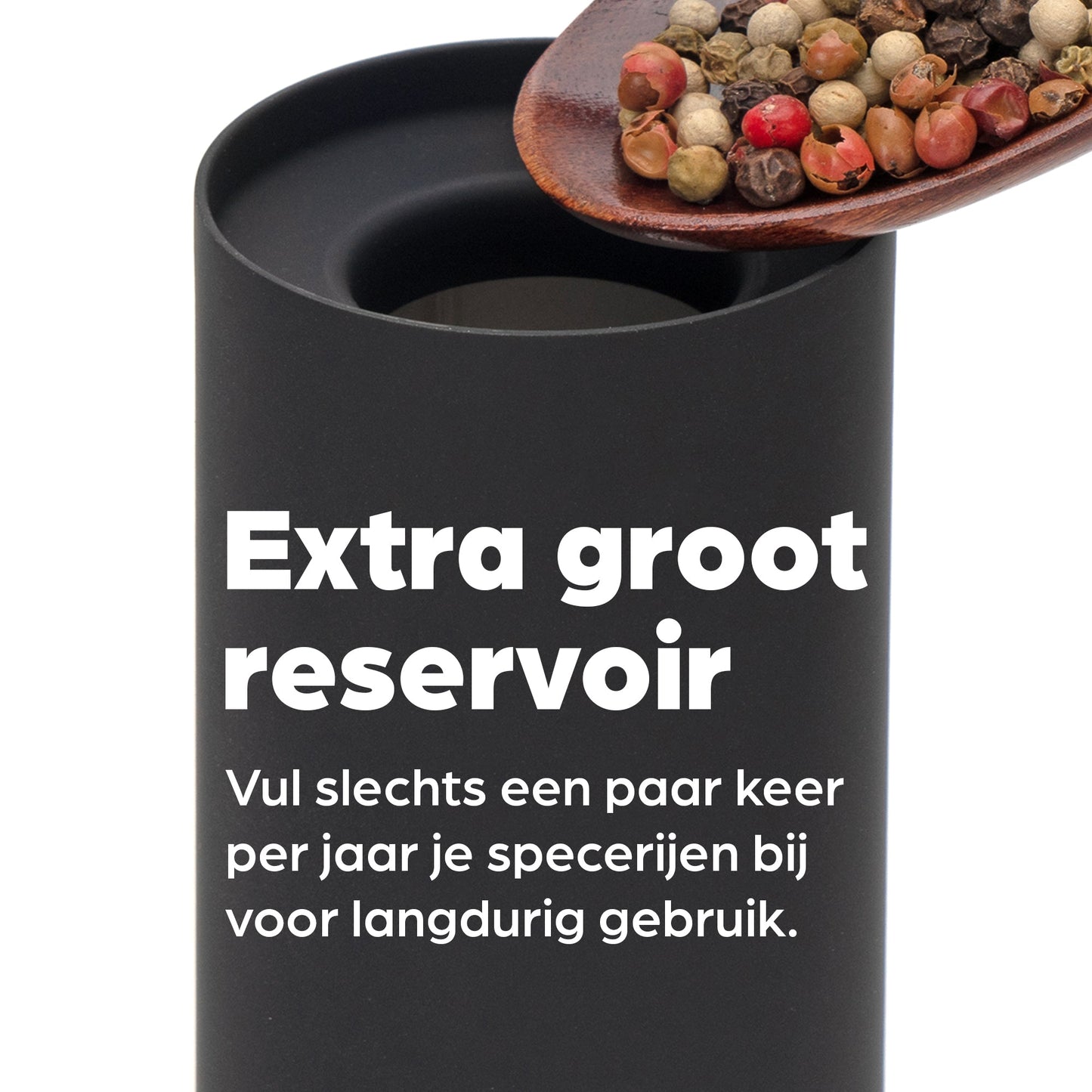 Zwarte hermanos pepermolen en zoutmolen met transparante cilinders, gevuld met gemengde peperkorrels en roze zout. Ideaal voor moderne keukens en gourmet kookplekken.