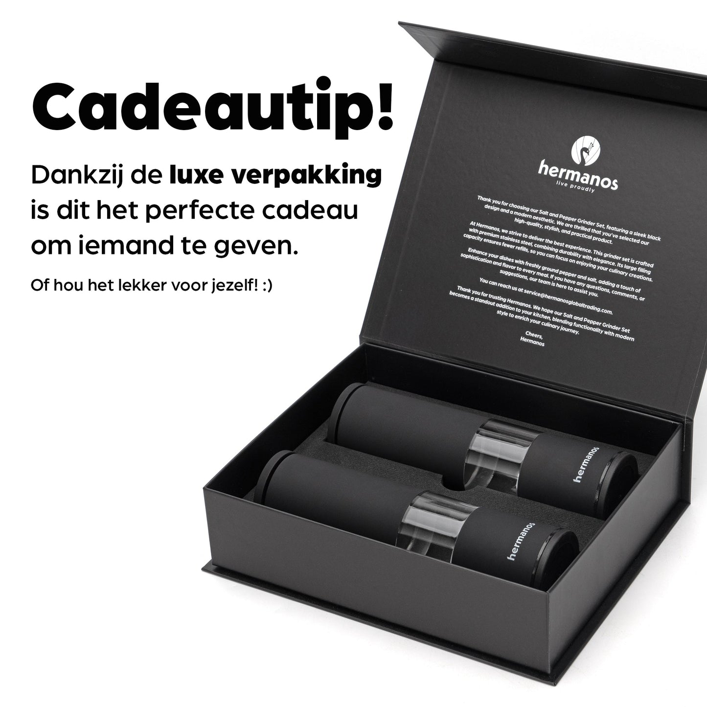 Zwart, moderne pepermolen en zoutmolen van Hermanos, gevuld met kleurrijke peperkorrels en roze zoutkristallen, ideaal voor keukengebruik en gourmet kookplezier.