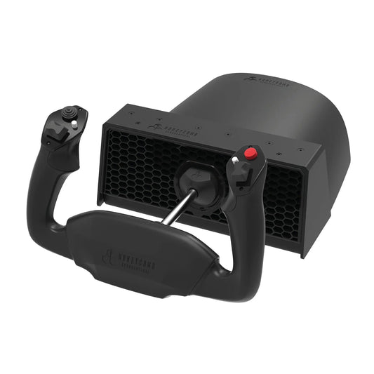 Zwarte Honeycomb geavanceerde vliegtuigcontrole met stuurkolom en joystick, geschikt voor realistische vliegtraining. Gebruik voor professionele vlieg- en navigatiesimulaties.