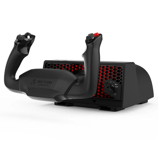 Zwarte Honeycomb Flightstick met rood verlichte honingraatpatroon en bedieningsknoppen, speciaal ontworpen voor realistische vliegtuigbesturing in simulaties.