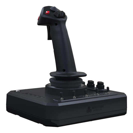 Zwart vliegtuigstuurwiel met rood knopje en meerdere bedieningsknoppen, geschikt voor vlieg- en simulatiespeeltoestellen. Gebruik voor realistische vliegervaring in gaming- en vliegtrainingssystemen.