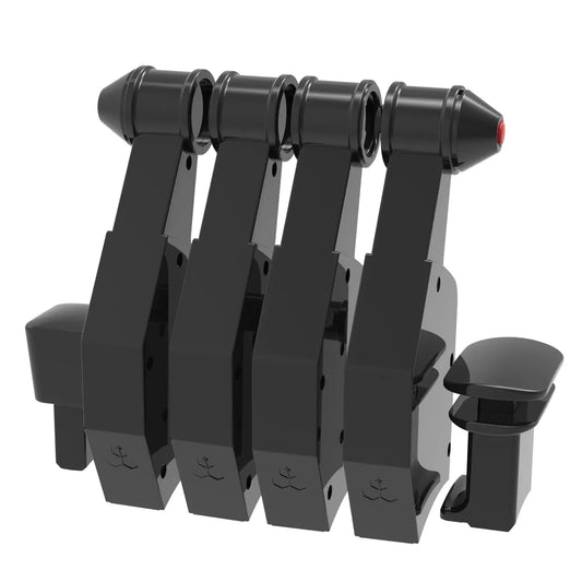 Zwart metaal roerstuur met vier handgrepen en een rode knop, voorzien van een ankerembleem. Geschikt voor bootbesturing en zeilbootbesturing.