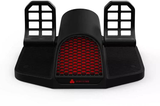 Zwart gamingpedaal met rode hexagonale ventilatiegrijs, voor gamingstoelen en gamingcomputers. Met verstelbare voetplaten en het Honeycomb-logo op de voorkant.