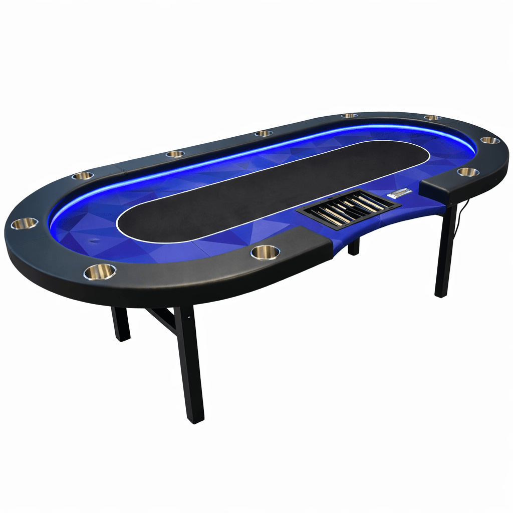 Een blauw, ovale poker-tafel met LED-verlichting en zwart leeroppervlak, voorzien van glazen drinkbekers en een speelkaartbak. Ideaal voor thuis of casino-achtige avondjes.