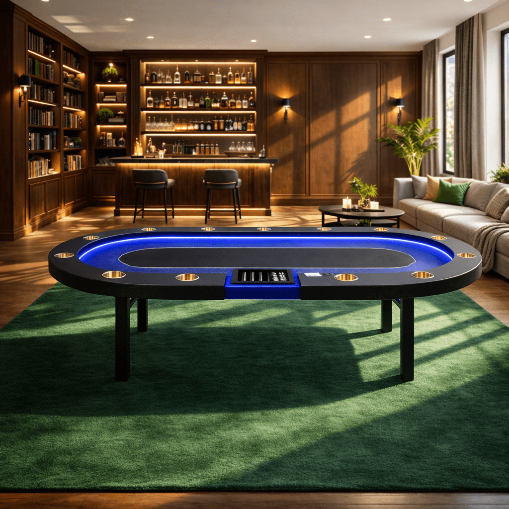 Een blauwe poker tafel met LED-verlichting en zwart leeroppervlak, voorzien van drinkbekers en kaartbak. Ideaal voor thuis of casino-achtige avondjes met vrienden.