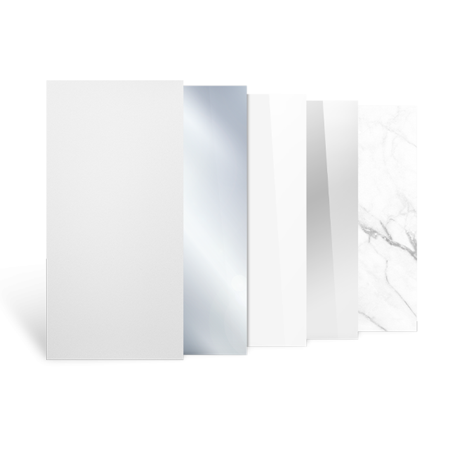 Een reeks witte wandpanelen in verschillende maten en texturen, inclusief marmerlook, geschikt voor moderne interieurbouw en wandbekleding. Perfect voor minimalistische ruimtes en designprojecten.