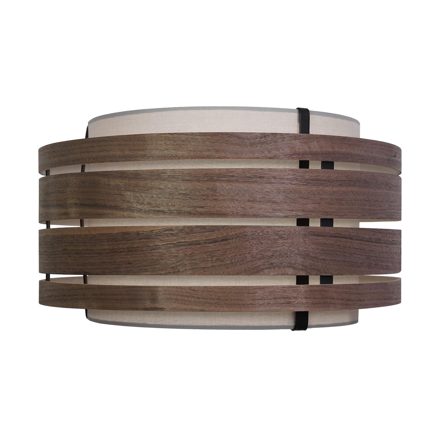Een moderne wandlamp met donker houten ringen en crèmekleurige stoffen binnenkant, geschikt voor woonkamer of slaapkamer. Stijlvol design met natuurlijk hout en minimalistische lijnen voor een warme, houten sfeer.