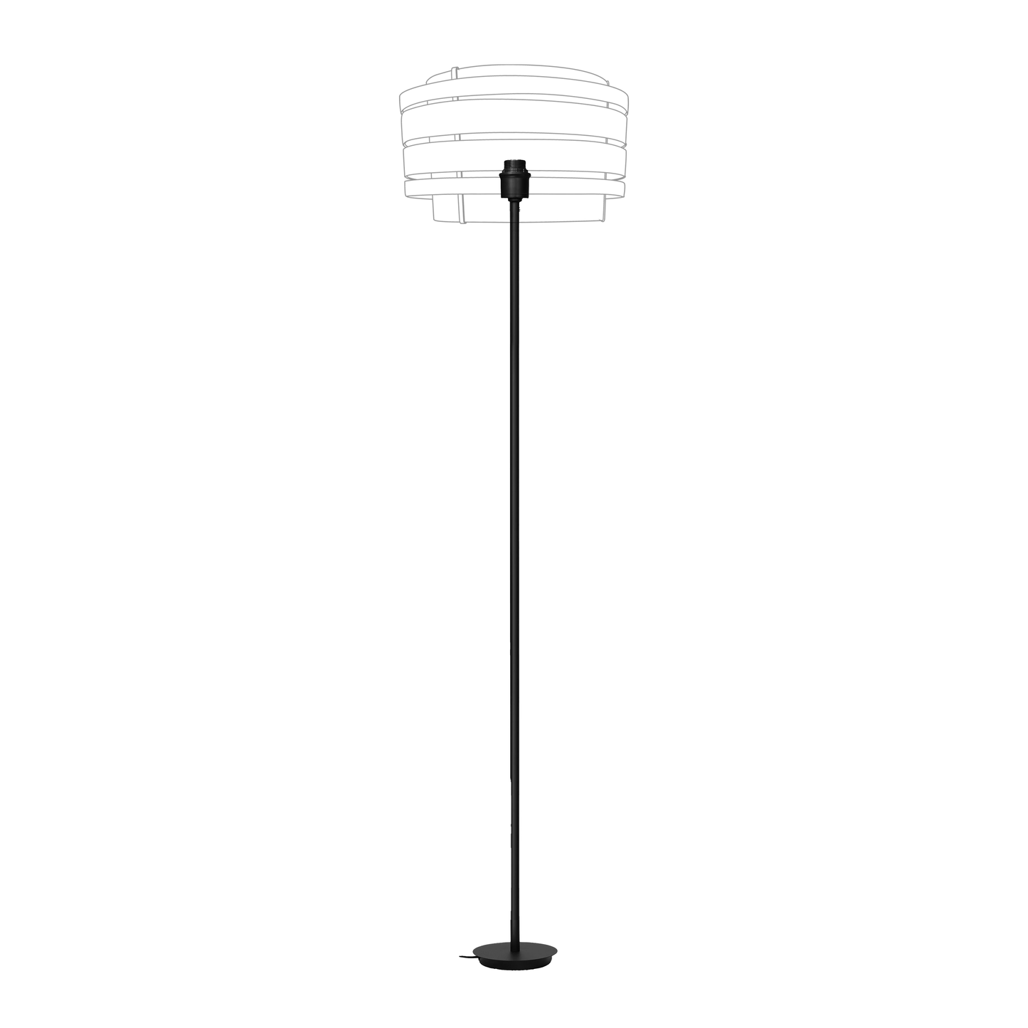 Een moderne, zwarte vloerlamp met een gestreepte, witte kap en een dunne steel, ideaal voor minimalistische interieurs. Perfect voor woonkamer- of slaapkamerverlichting.