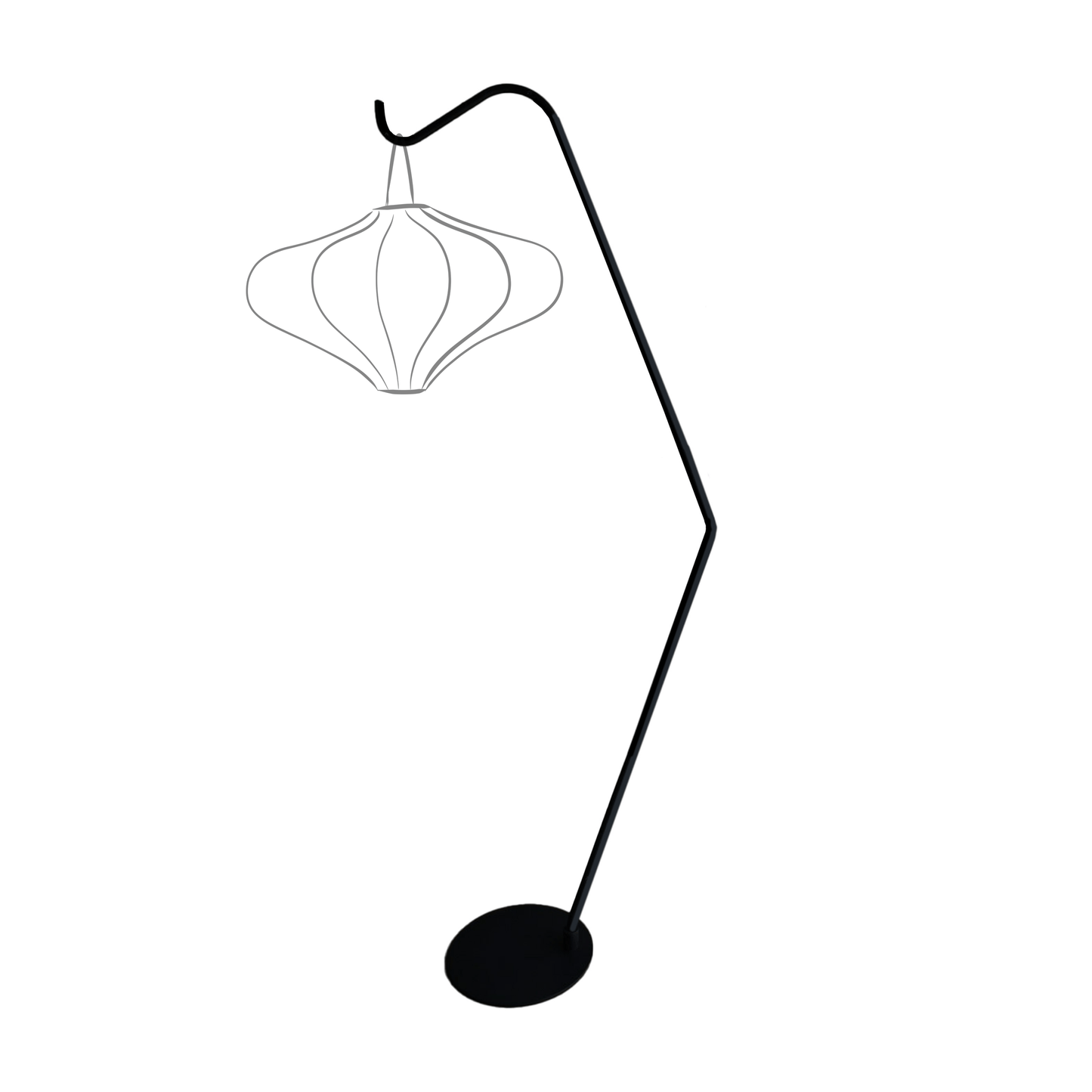 Een zwart, minimalistisch vloerlampenstandaard met een elegante boogvormige steel en een ronde voet, ontworpen voor moderne interieurs. De lamp heeft een lichtgevende, gestileerde kap met een geometrisch patroon, ideaal voor sfeerverlichting in woon- of werkkamers.