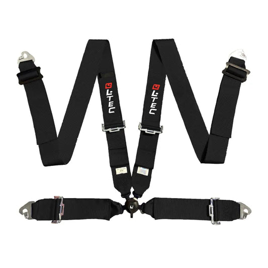 Zwart LITEC veiligheidsgordijn met zilveren gespen en logo’s, geschikt voor raceauto’s. Robuust materiaal voor hoge prestaties en veiligheid tijdens motorsport.