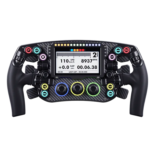 Formuleer je F1-stuurwiel met carbonvezel en kleurrijke knoppen, waarop een digitale display de snelheid en RPM toont, speciaal ontworpen voor racegame-ervaring.