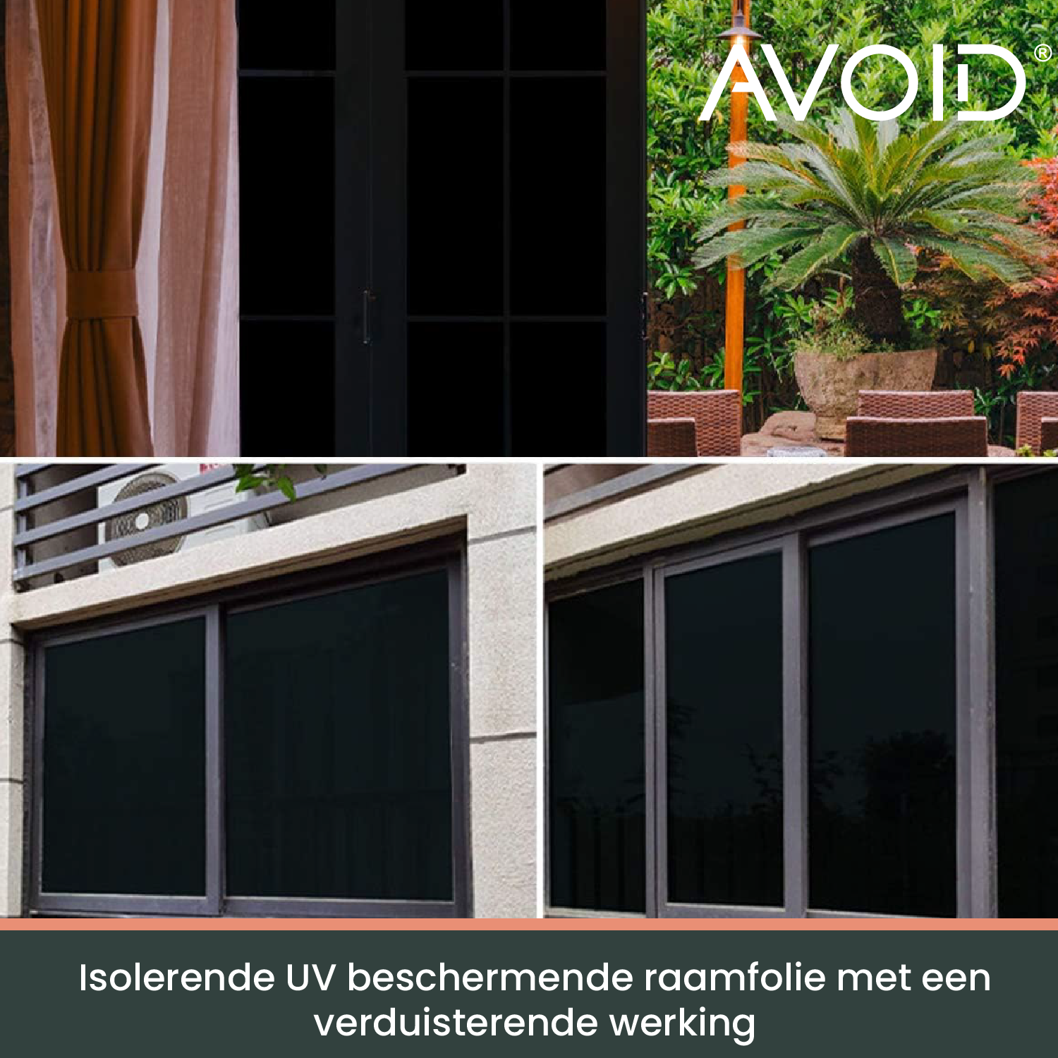 Zwart, mat glasfolie op een wit raamkozijn, die zonlicht filtert en privacy biedt. Ideaal voor zonbescherming en privacy in woon- en kantoorruimtes.