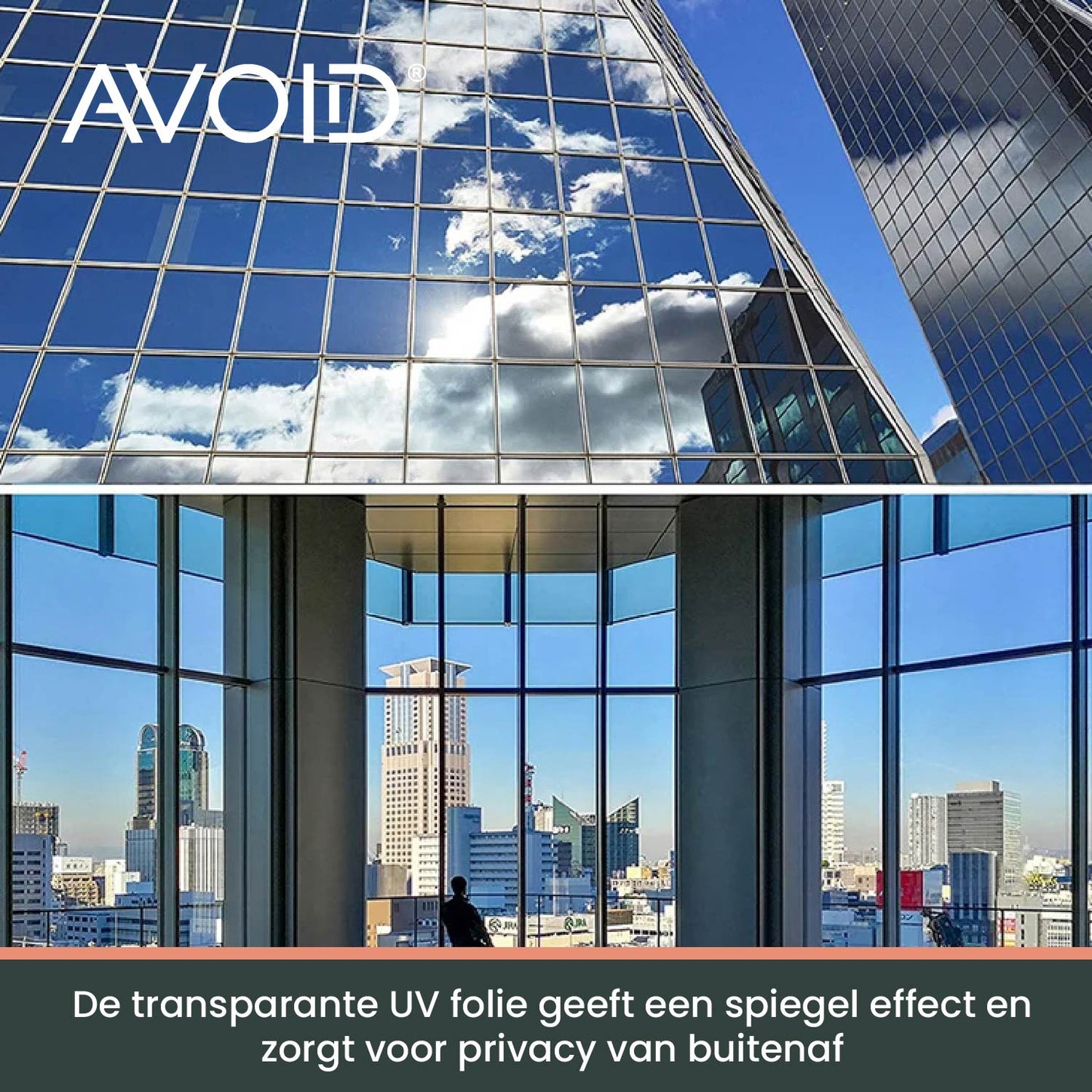 Donkergrijze, matte vensterfolie op een wit kozijn, zacht gefilterd zonlicht en groene bomen op de achtergrond. Ideaal voor privacy en zonbescherming in woon- en kantoorruimtes.