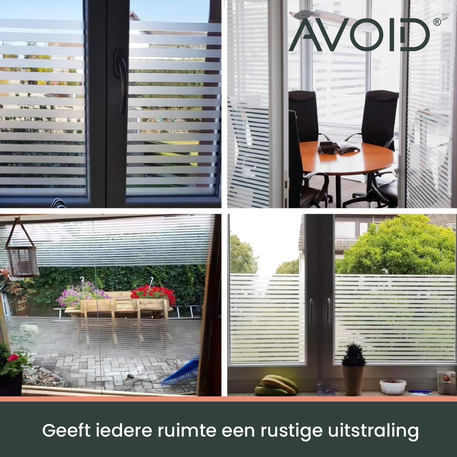 Wit horizontaal glasfolie met mat afwerking op een raam, zichtbaar in een lichtgevend interieur. Ideaal voor privacy en lichtregulatie in kantoren of woonruimtes.