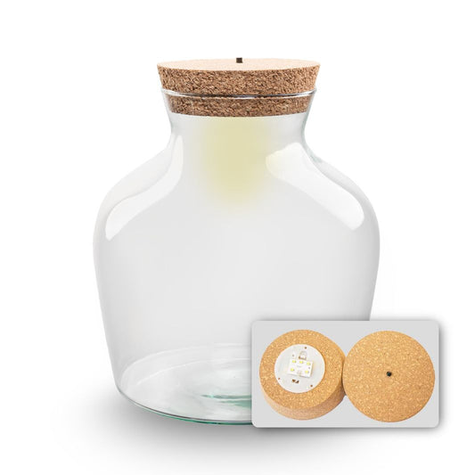 Een glazen fles met korkdop, waarin een warm wit licht schijnt. De korkdop bevat een LED-element, geschikt voor sfeerverlichting in woonruimtes.