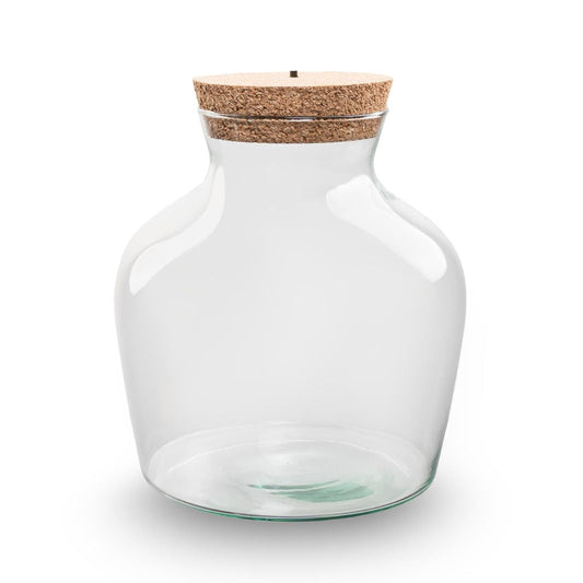 Glasvaas met korkdop en ingebouwde LED-verlichting, ideaal voor sfeerverlichting. De korkdop is zichtbaar en toont de LED-technologie voor warme, sfeervolle verlichting.