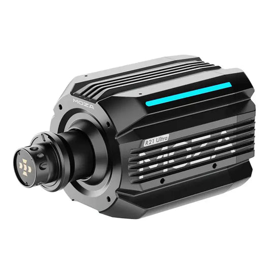 Zwart MOZA R21 Ultra stabilisatiesysteem met blauwe LED-verlichting en zichtbare montageklem. Geschikt voor professionele videoproducenten en dynamische shooting.