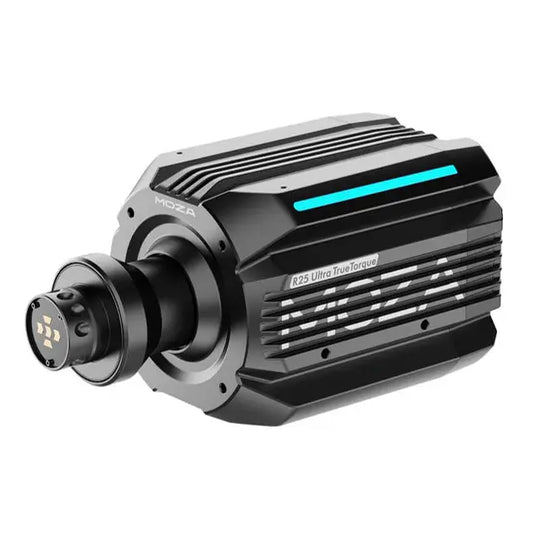 Zwart MOZA R25 Ultra True Torque motor met blauwe LED-strip en zichtbare ventilatiegaten, geschikt voor professionele drone- en camera-applicaties. Robuust ontwerp voor hoge kracht en precisie in dynamische opnames.