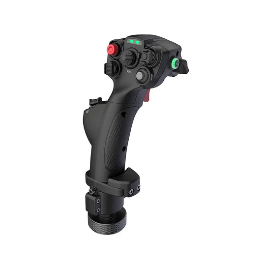 Zwarte vliegtuigstuurstick met textuur, rode en groene knoppen, en een POV-knop voor realistische simulatie. Geschikt voor vliegtuig- en vliegspelers op PC.