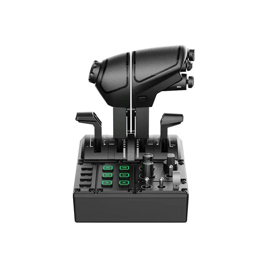 Zwarte MOZA vliegtuigstuurcontroller met groene LED-toetsen en draaiknoppen, geschikt voor vlieg- en simulatiespellen. Geavanceerd stuurmechanisme voor realistische vliegervaring.
