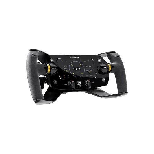 Een zwarte Moza racestuurwiel met Porsche-logo, geïntegreerde digitale display en gele accenten, speciaal ontworpen voor realistische racegames en professionele simulaties.