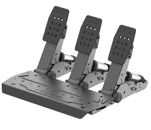 Zwart metalen voetpedaalset voor gaming, met duidelijk zichtbare ‘MOZA’-logo’s en gaten voor montage. Geschikt voor race-game simulators en virtuele rijen met realistische feedback.
