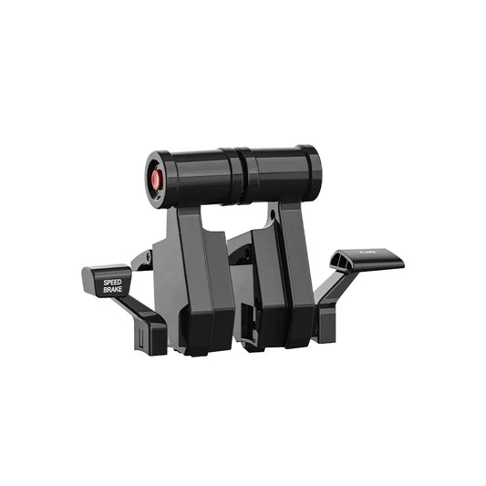 Zwart kunststof stuurcontroller met rode knop en handgrepen voor speed brake en flaps, speciaal ontworpen voor RC-vliegtuigen en modelvliegtuigcontrole.