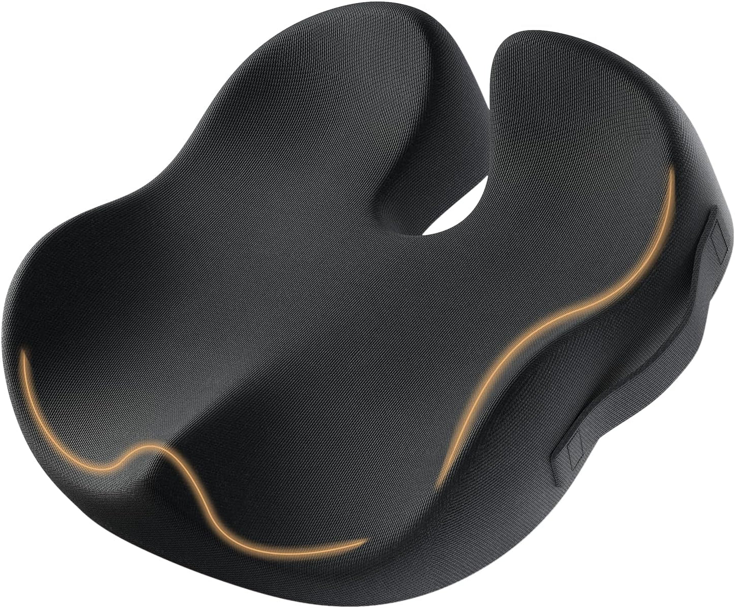 Zwarte, ergonomische zitkussen met textieloppervlak en warmtegeleidende lijnen, ontworpen voor comfort bij langdurig zitten. Ideaal voor kantoor- en thuisgebruik met ondersteuning voor de zitbeenderen.