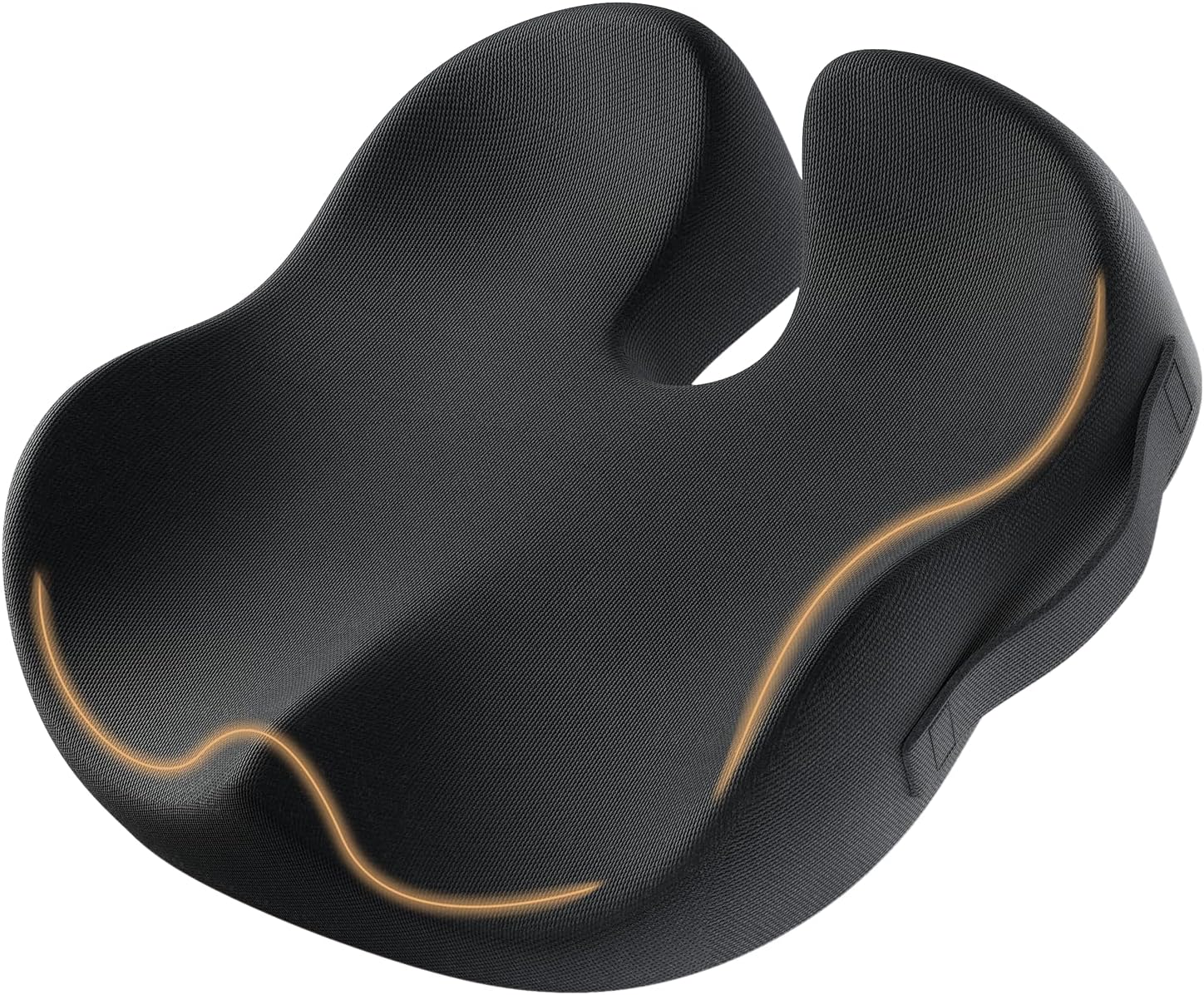 Zwarte, ergonomische zitkussen met textieloppervlak en warmtegeleidende lijnen, ontworpen voor comfort bij langdurig zitten. Ideaal voor kantoor- en thuisgebruik met ondersteuning voor de zitbeenderen.
