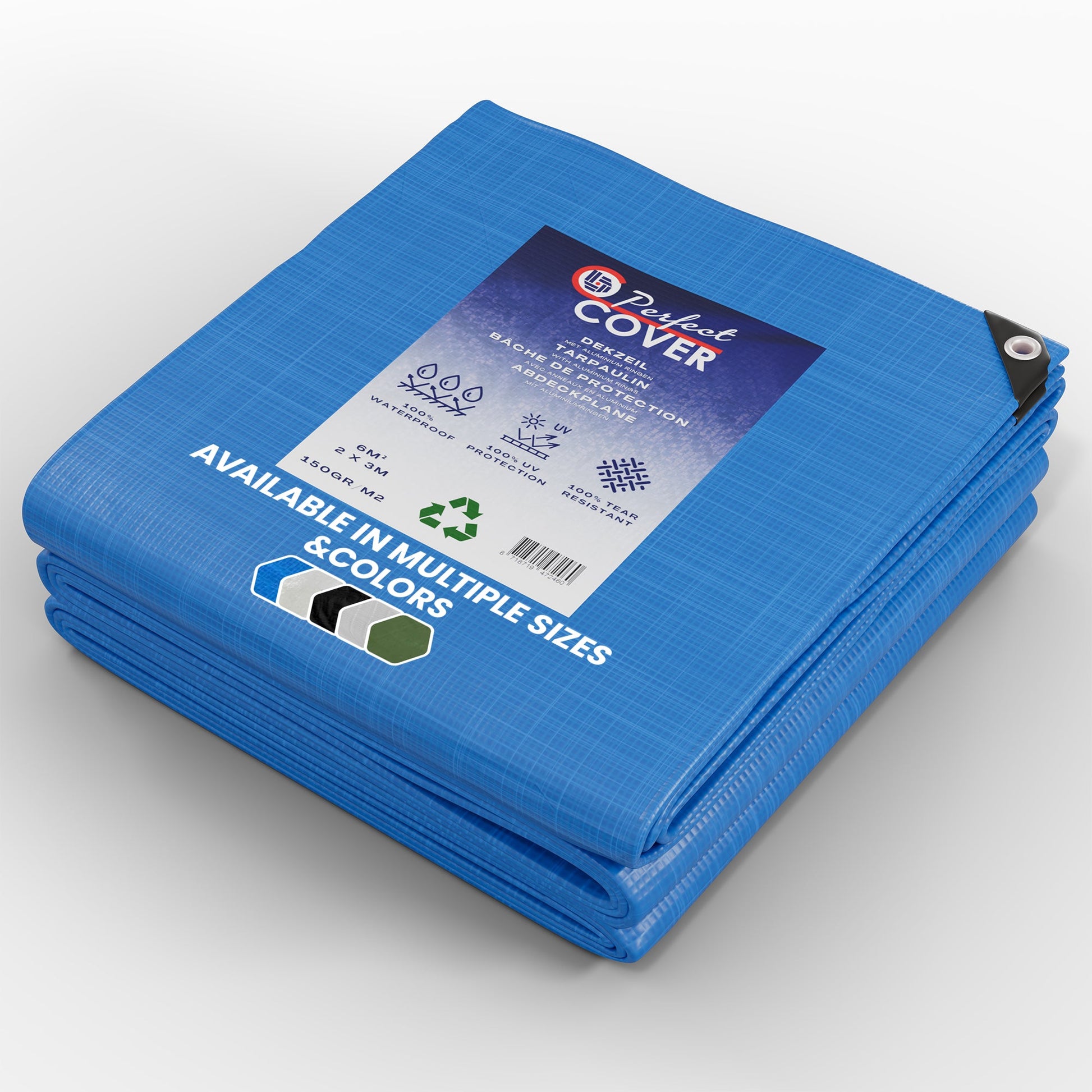 Blauw tarpaulin dekzeil van Perfect Cover, waterdicht en UV-bestendig, met zichtbare metalen oogjes en duidelijke productlabel. Ideaal voor tuin- en bouwprojecten waar bescherming nodig is.
