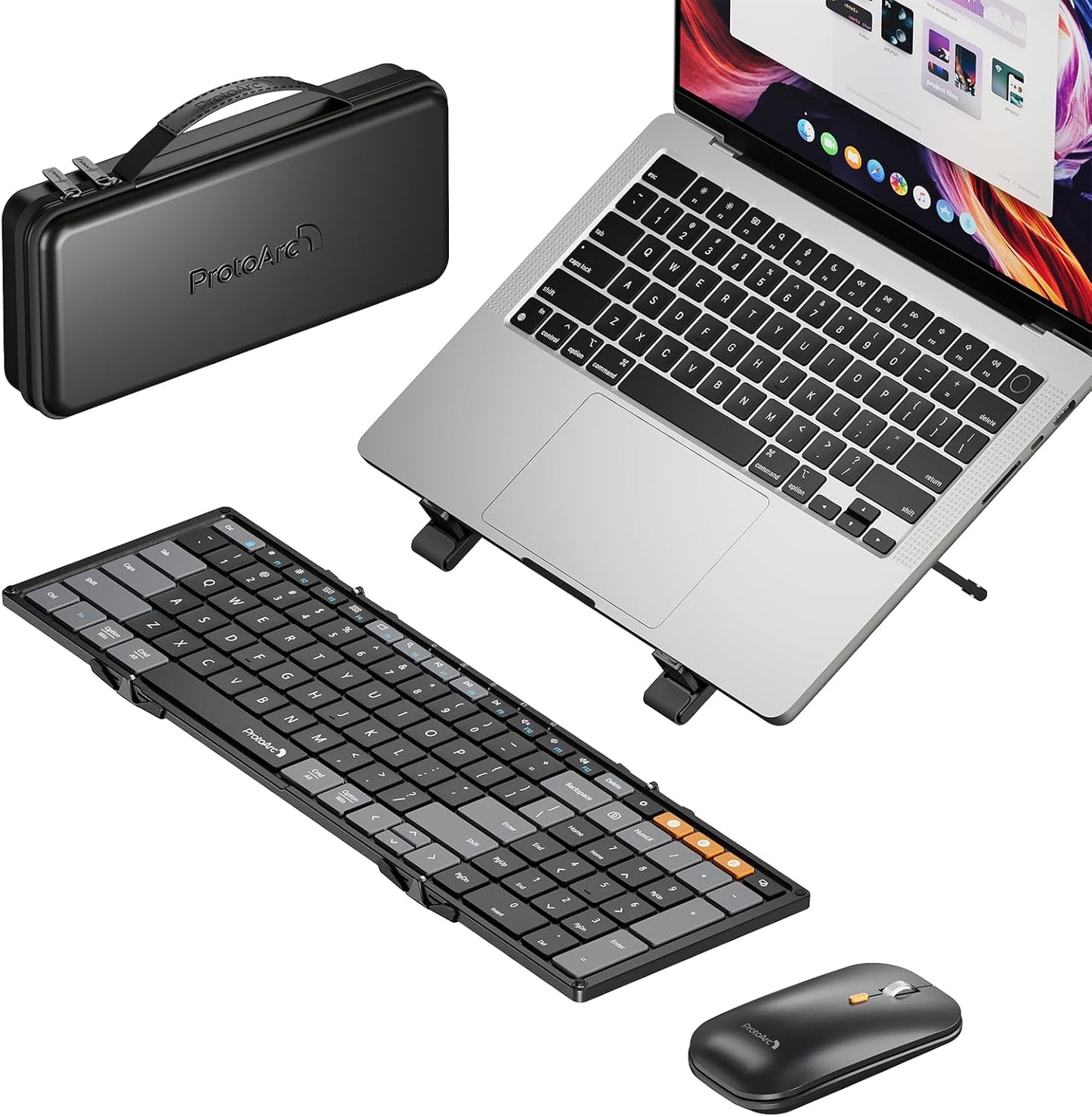 Zwart, vouwbare toetsenbord met oranje functietoetsen, naast een laptop en een draadloze muis. Geïntegreerd in een set voor mobiele werking en reisgebruik.
